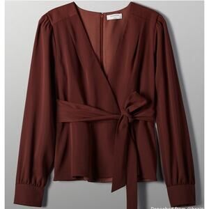 Aritzia BABATON Women's Bello Blouse LARGE Truffle Brown Faux Wrap V-Neck NWT